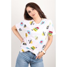 Kadın Baskılı Bisiklet Yaka Oversize T-Shirt