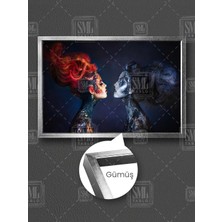 Uzun Saçlı Makyajlı Kadın Kırmızı Ruj Kadın Güzellik Salon Çerçeveli Yatay Kanvas Tablo