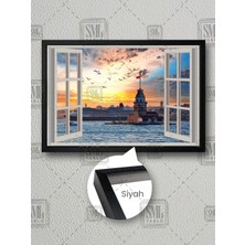 Beyaz Pencereden Kız Kulesi Manzarası Galata Istanbul Boğazı Çerçeveli Yatay Kanvas Tablo