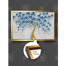 Altın Gövdeli Ağaç Mavi Küçük Çiçekler Ilkbahar Lüks Dekor Çerçeveli Yatay Kanvas Tablo