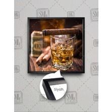 Cam Viski Bardağı ve Üzerinde Puro Dolar Çerçeveli Kare Kanvas Tablo