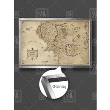 Yüzüklerin Efendisi Orta Dünya Haritası Middle Earth Eski Harita Çerçeveli Yatay Kanvas Tablo
