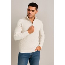 Erkek Yarım Fermuarlı Triko Kazak – Selanik Örgü, Dik Yaka, Pamuklu Dokuma, Regular Fit Uzun Kollu Kışlık Model - Beyaz