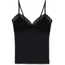 Essential Dantel Detaylı Siyah Kadın Askılı Pamuklu Bluz