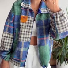 Hopeful Design Kadın Ekose Desenli Fermuarlı Oversize Mont