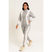 Kadın Premium Parçalı Eşofman Takım - Dik Yaka Fermuarlı Sweatshirt - Gri