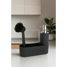 Siyah Çok Amaçlı Sabunluk Mutfak Lavabo Düzenleyici Set-Plastik Çizgili Sabunluk