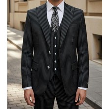 HERMOSE Sartorial | Onyx Siyah Çizgili Yelekli Takım Elbise