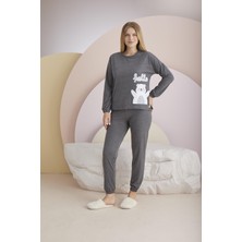 Kadın Antrasit Renk Uzun Kollu Ayıcık Desenli Lastikli Paça Pijama Takımı C4T8N331