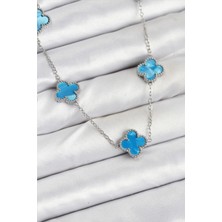 316L Çelik Zincir Gümüş Buz Mavisi Renk Yonca Kadın Kolye