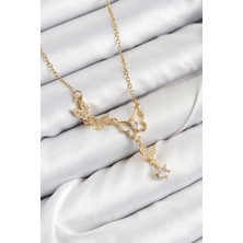 316L Çelik Zirkon Taşlı Kelebek Model Gold Renk Kadın Kolye - TJ-BKO10405