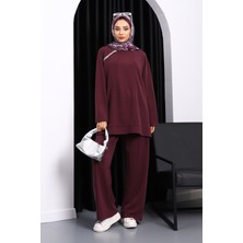 Mürdüm Taş Detaylı Tunik Pantolonlu Modal Takım
