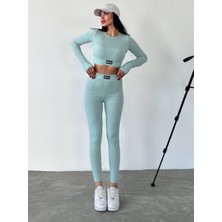 Uzun Kollu Parmak Detaylı Crop ve Tayt Takım Sporcu Tayt Takım