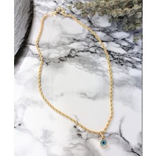 Altın Kaplama Hasır Burgu Zincir Mineli Nazar Gözü Kolye