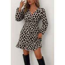 Tua Moda Kadın Uzun Kollu Kruvaze Yaka Desenli Mini Modal Elbise