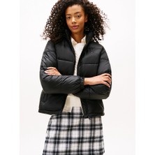 Tommy Hılfıger Kadın Marka Logolu Çift Cep Regular Fit Yumuşak Dokulu Dik Yaka Siyah Mont DW0DW21619 Bds