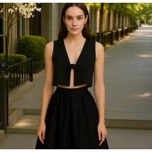 Kadın Saten Önden Bağlamalı Siyah Bustiyer