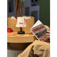 Krem Kadife Süet Kırmızı Fiyonk Kurdele Kablosuz Pilli Masa Lambası - Alt Siyah