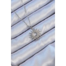 316L Çelik Zincir Gümüş Renk Zirkon Taşlı Parlayan Güneş Kolye