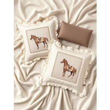 3'lü Kombin At Desenli Saçaklı Dekoratif Yastık Pamuk Kırlent Minder Seti (Içi Dolgulu-3 Adet)