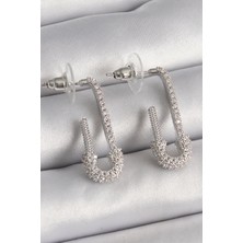 Pirinç Gümüş Renk Zirkon Taşlı Çengelli Iğne Model Kadın Küpe