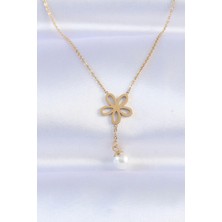 316L Çelik Zincir Gold Renk Inci Detay Çiçek Kolye