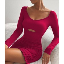 Aisha Elbise Kadın Uzun Kollu Derin V Yaka Göğüs Altı Dekolte Detay Etek Ucu Fırfırlı Sandy Mini Boy Elbise