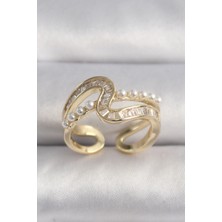 Pirinç Gold Renk Zirkon Taşlı Inci Detay Vıp Seri Kadın Yüzük