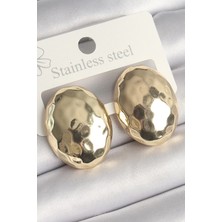 Pirinç Gold Renk Işlemeli Bombe Oval Model Kadın Küpe