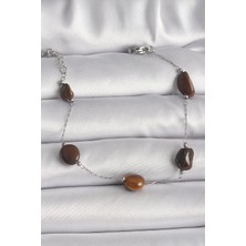 316L Çelik Gümüş Renk Zincir Kahverengi Doğaltaş Model Kadın Bileklik