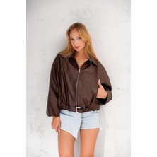 Oversize Bomber Kemerli Fermuarlı Deri Ceket