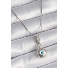 316L Çelik Gümüş Renk Zirkon Taşlı Nazar Boncuk Model Kadın Kolye