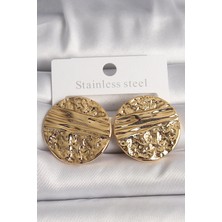 Pirinç Gold Renk Işlemeli Daire Plaka Model Kadın Küpe