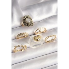 Pirinç Gold Renk Beyaz Gül Figür Kalp Işlemeli Sarmal Detay 6'lı Kadın Yüzük Seti