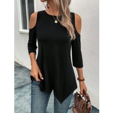 Arben Boutique Kadın Omuzlardan Açık Sıfır Yaka Asimetrik Kesim Detay Viskon Bluz