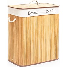 Dikdörtgen Iki Bölmeli Iç Bez Bambu Ahşap Kirli Çamaşır Sepeti Ip Kulp 52X32X62CM (2818)