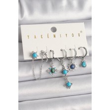 Pirinç Gümüş Renk Zirkon Taş Detaylı Mavi Boncuklu Çiçek Model Vıp Seri Kadın Küpe Kombini