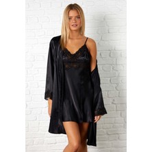 Ayyıldız 3978 Siyah Saten Gecelik Sabahlık Takım