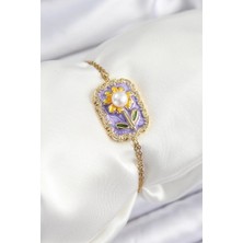 316L Çelik Zincir Mor Mineli Sanatsal Portre Inci Detaylı Papatya Model Gold Renk Kadın Bileklik