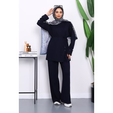 Lacivert Düğme Detaylı Tunik Pantolonlu Modal Takım