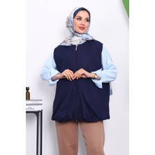 Lacivert Fermuarlı Oversize Astarlı Yelek