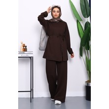 Kahverengi Düğme Detaylı Tunik Pantolonlu Modal Takım