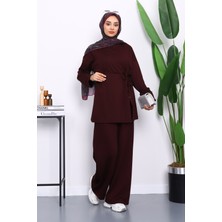 Bordo Düğme Detaylı Tunik Pantolonlu Modal Takım