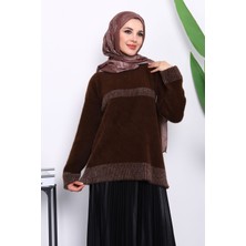 Kahverengi Bisiklet Yaka Çizgili Angora Yumoş Triko Kazak