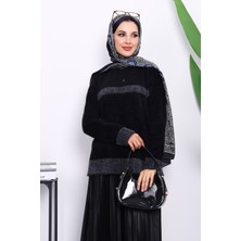Siyah Bisiklet Yaka Çizgili Angora Yumoş Triko Kazak