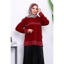 Bordo Bisiklet Yaka Çizgili Angora Yumoş Triko Kazak