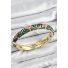 Mineli Pirinç Yeşil Çiçek Motifli Gold Kadın Kelepçe