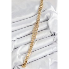 Pirinç Zirkon Taşlı Ezme Küba Zincir Model Gold Renk Kadın Bileklik