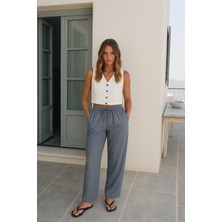 Yüksek Bel Lastikli Keten Pantolon