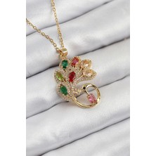 316L Çelik Zirkon Taşlı Tavus Kuşu Model Gold Renk Kadın Kolye